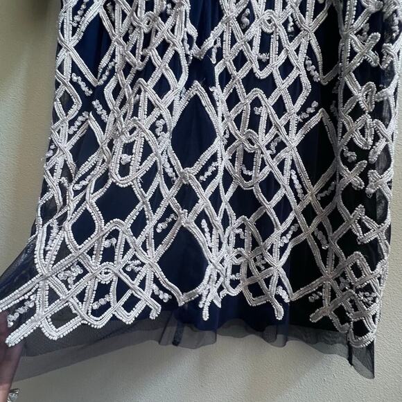 New JS Collections Fully Beaded White Navy Long Sleeves V-Back Elegant Dress 10 - Picture 7 of 7